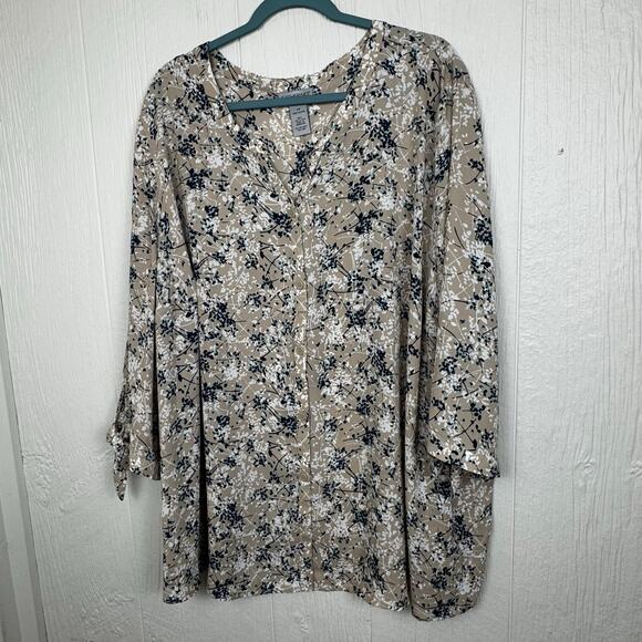 Catherines Button Down Cafe Blouse Women 3/4 Sleeve Size 4X Tan Aqua Floral Top - Picture 9 of 9